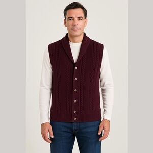 Eleventy 100% Wool Wine Cableknit Button Front Sweater Vest Size XL